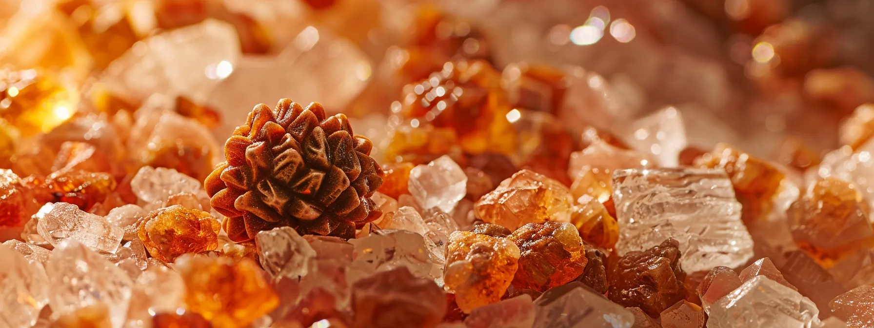 a serene image of a twenty mukhi rudraksha bead resting on a bed of purifying himalayan salt crystals, radiating a vibrant energy.