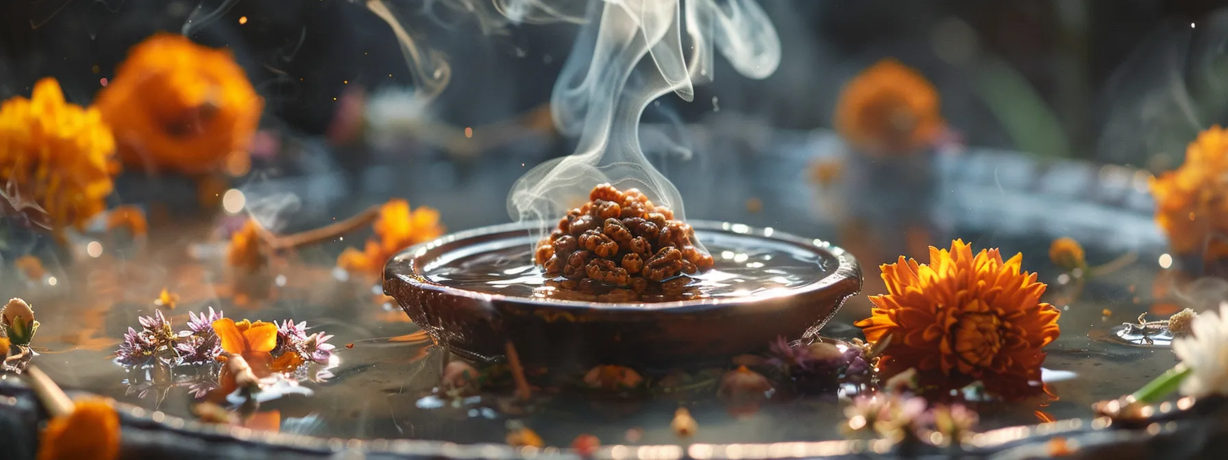 a serene image of an eleven mukhi rudraksha being cleansed with water and natural substances, surrounded by incense, flowers, and light offerings, as practitioners chant sacred mantras in devotion.