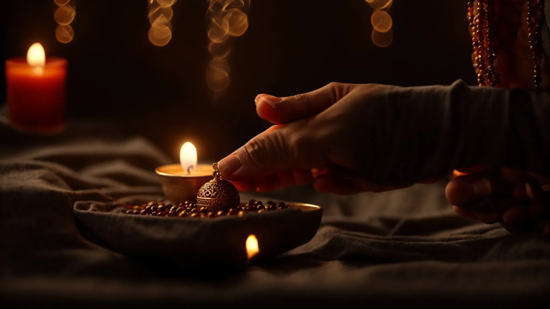 a serene individual gently placing a nine mukhi rudraksha bead around their neck, surrounded by incense smoke and soft candlelight.