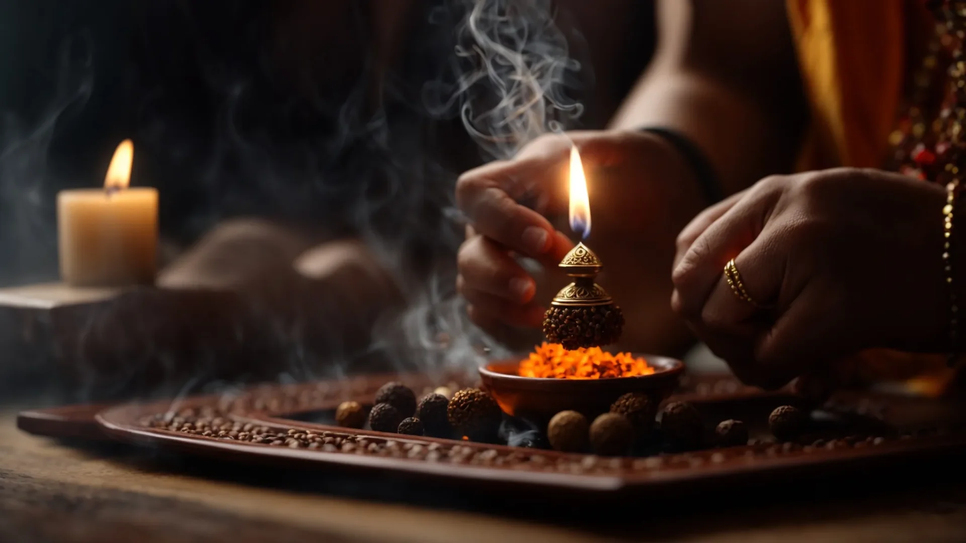 a serene individual holding a genuine nine mukhi rudraksha bead, surrounded by incense smoke and traditional ritual elements, deep in meditation.