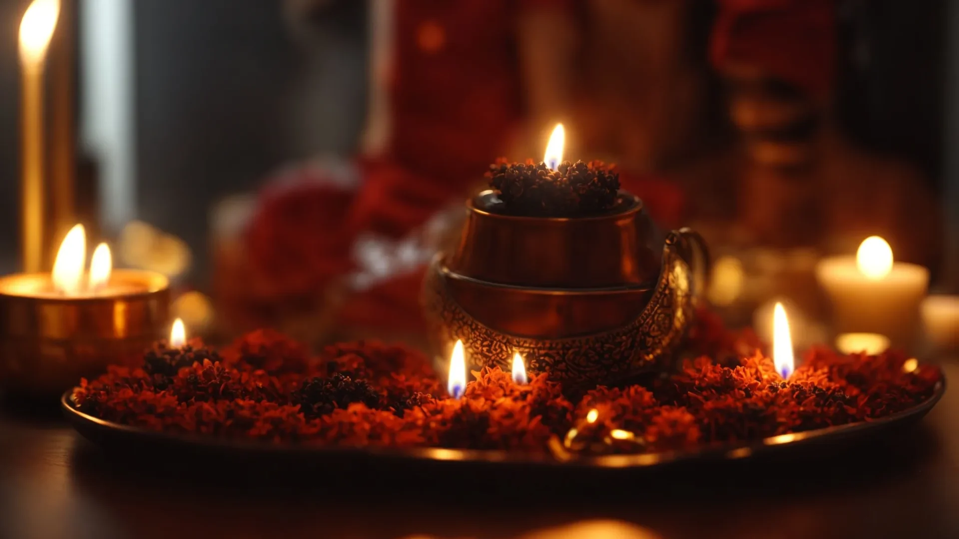 a serene individual holding a glowing nine mukhi rudraksha, surrounded by incense smoke and softly glowing candles to purify and energize the sacred bead.