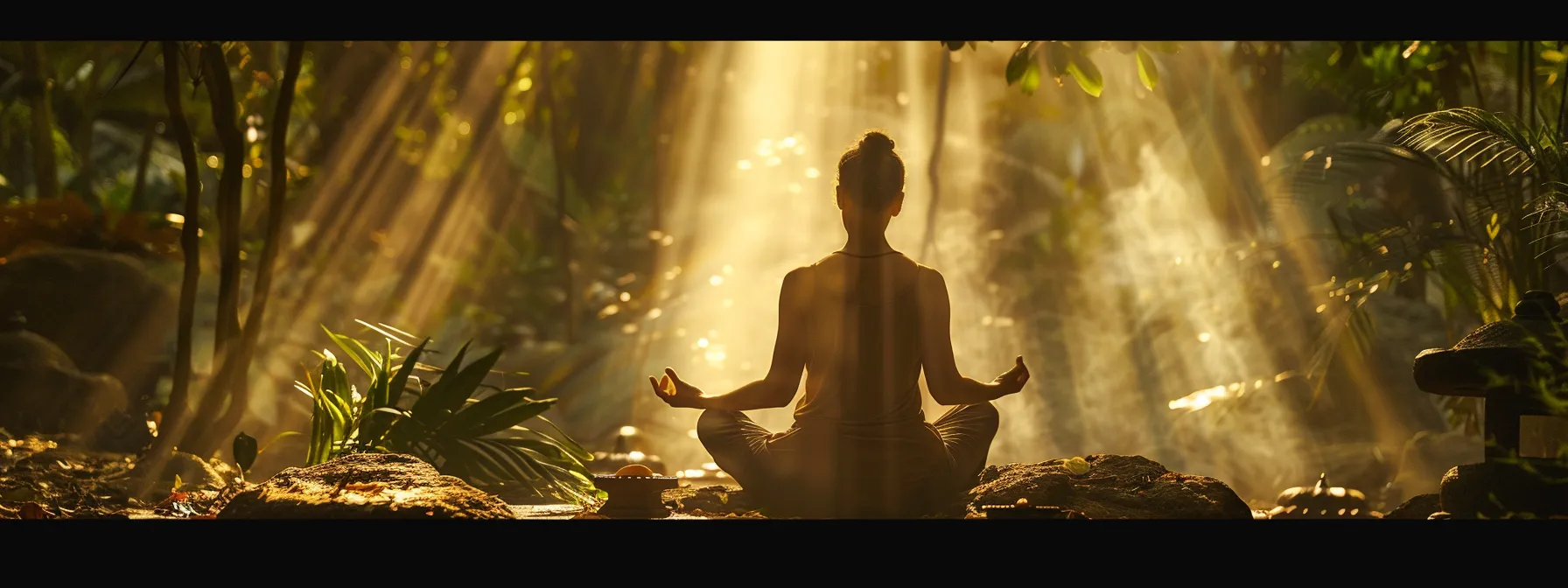 a serene individual meditating in a lush forest, surrounded by beams of golden light, symbolizing personal growth and spiritual empowerment as a certified psych-k® facilitator.