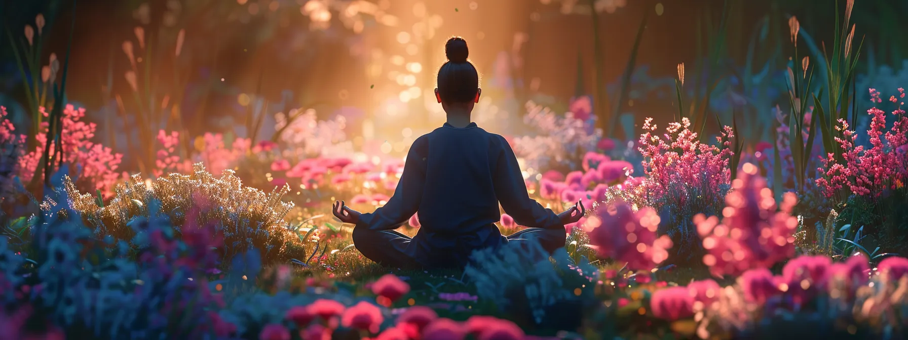 a serene individual meditating in a peaceful garden surrounded by blooming flowers, exuding emotional resilience and inner calm through heart coherence practices.