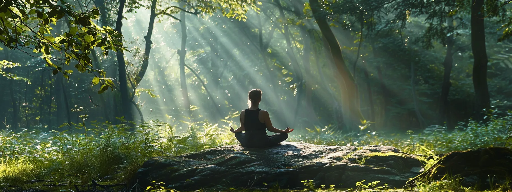 a serene individual meditating in a tranquil forest setting with rays of sunlight streaming through the trees, symbolizing personal growth through psych-k techniques.