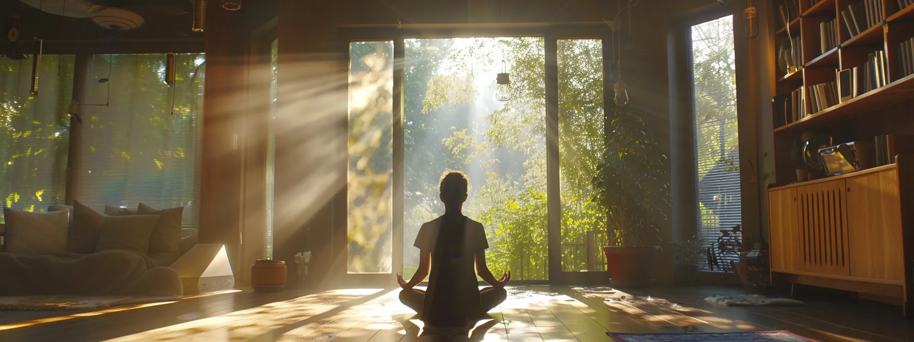 a serene individual meditating in a peaceful, sunlit room surrounded by motivational affirmations.