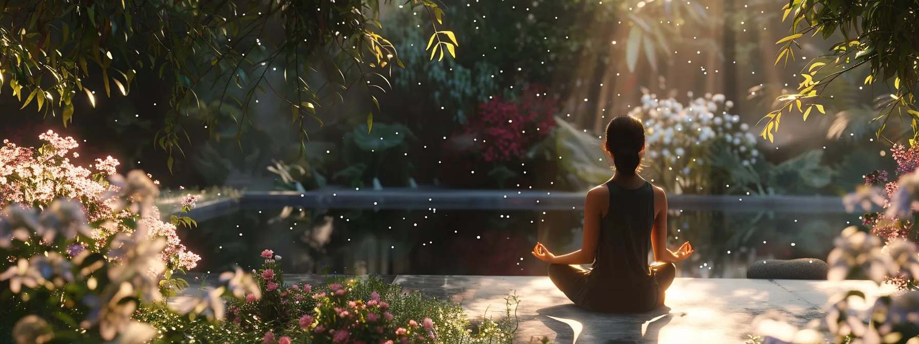 a serene individual meditating in a peaceful garden, surrounded by blooming flowers and a calming atmosphere, embodying the power of thought and mindset explored in 'as a man thinketh'.