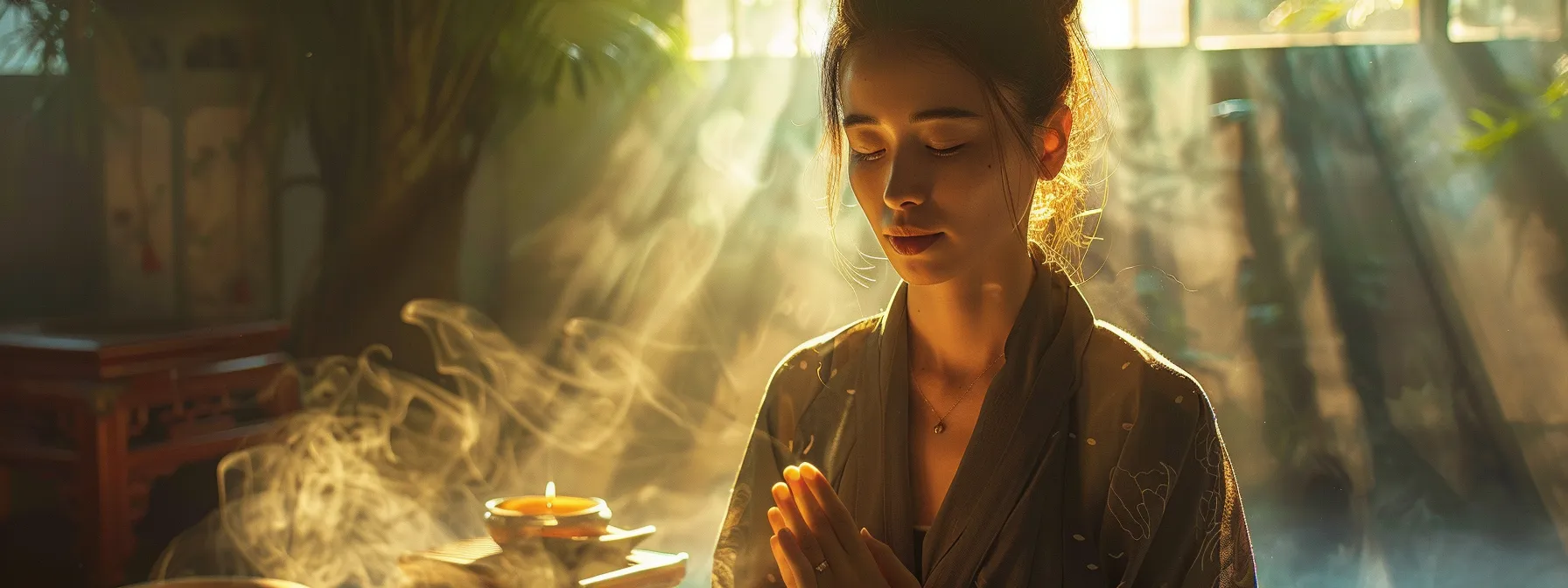 a serene individual meditating in a sunlit room, surrounded by soft incense smoke, with a peaceful expression reflecting deep spiritual connection and emotional healing.