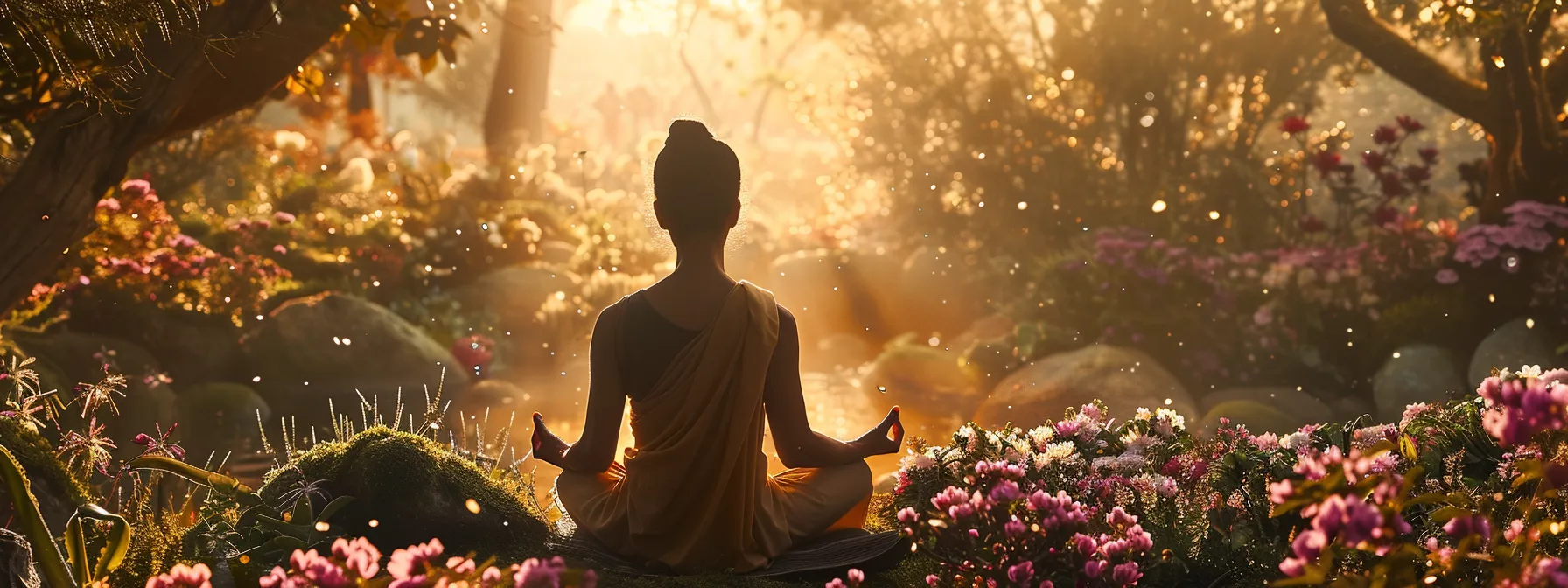 a serene individual meditating in a peaceful garden, surrounded by blooming flowers and warm sunlight, setting clear intentions for a successful psych-k session.