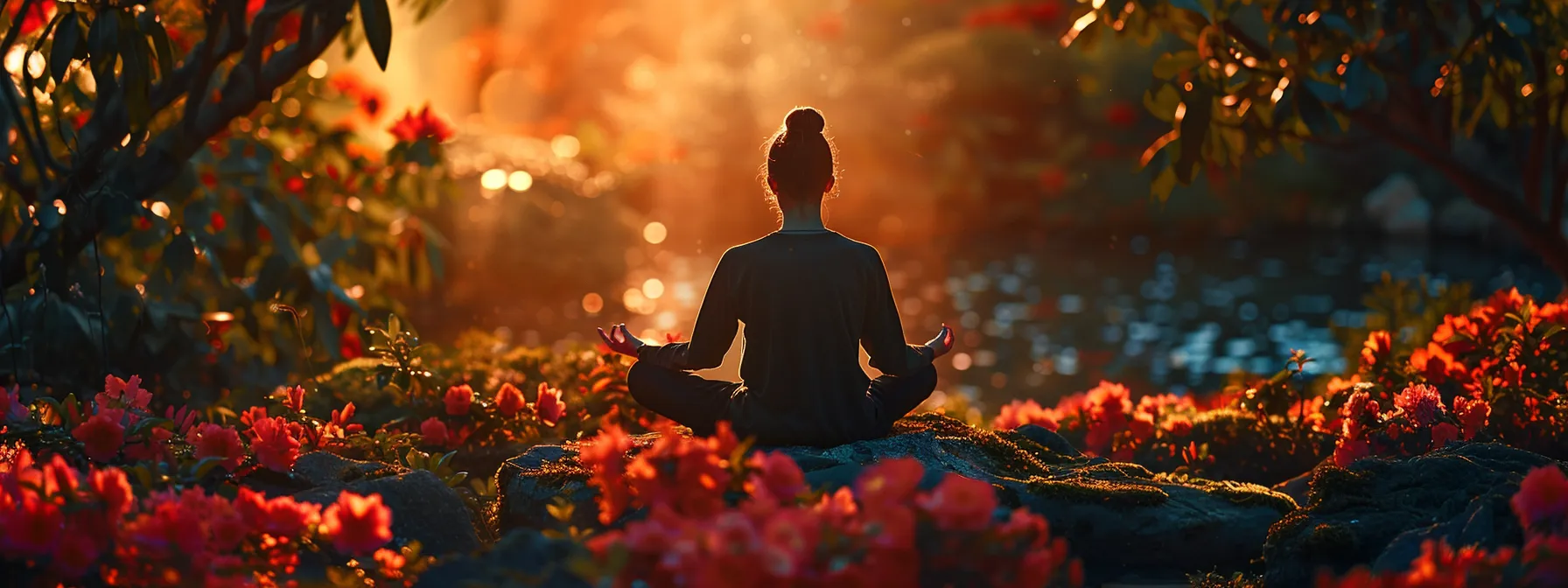 a serene individual meditating in a tranquil garden, surrounded by vibrant flowers and glowing with inner peace.