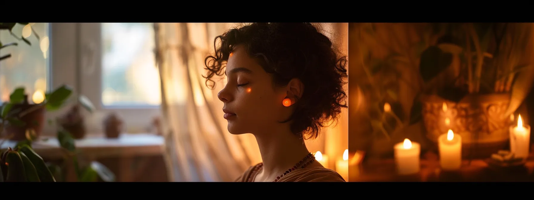 a serene individual meditating in a peaceful, candlelit room, wearing the twenty mukhi rudraksha with a focused and tranquil expression.