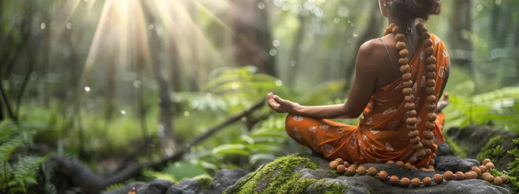 a serene individual meditating peacefully in a lush forest wearing a strand of sacred, earthy rudraksha beads around their neck.