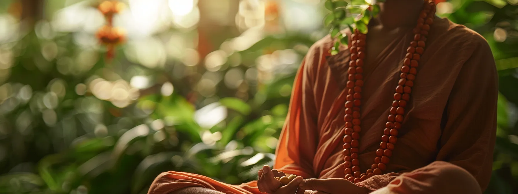 a serene individual meditating peacefully with a five mukhi rudraksha bead around their neck, surrounded by calming greenery.