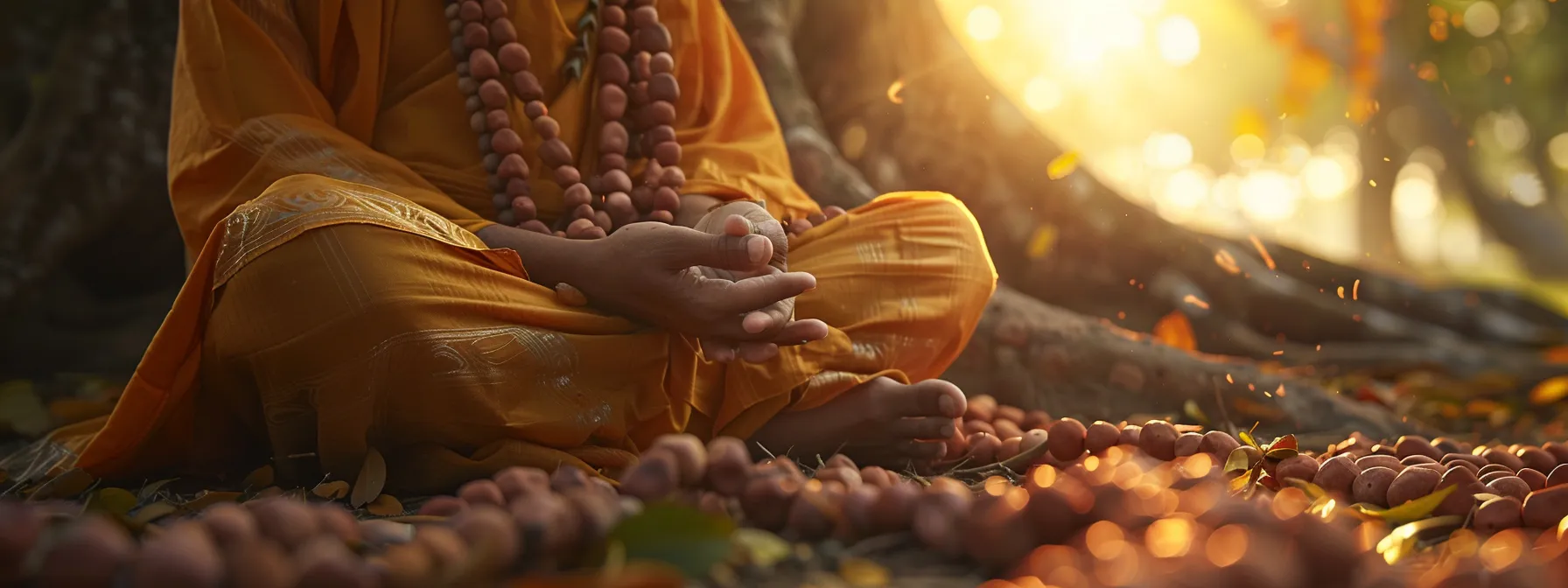 a serene individual meditating under a tree, carefully selecting the best time to wear rudraksha beads, surrounded by a peaceful aura of spirituality.