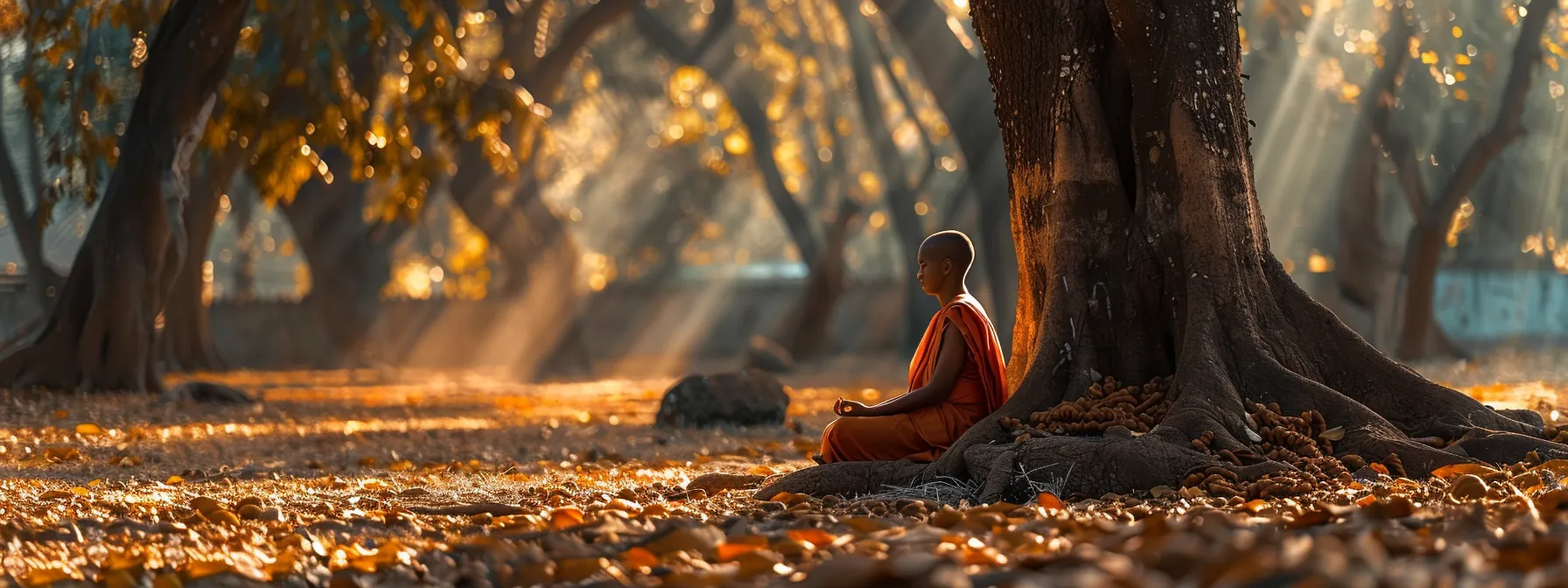 a serene individual meditating under the tranquil shade of a sacred eight mukhi rudraksha tree, connecting deeply with divine energies.