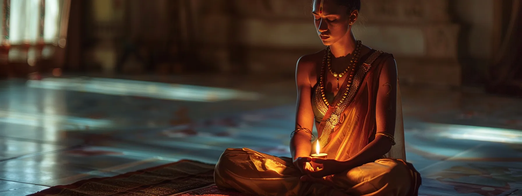 a serene individual meditating while wearing the twelve mukhi rudraksha, with a soft glow radiating around them, embodying a harmonious blend of ancient tradition and modern spirituality.