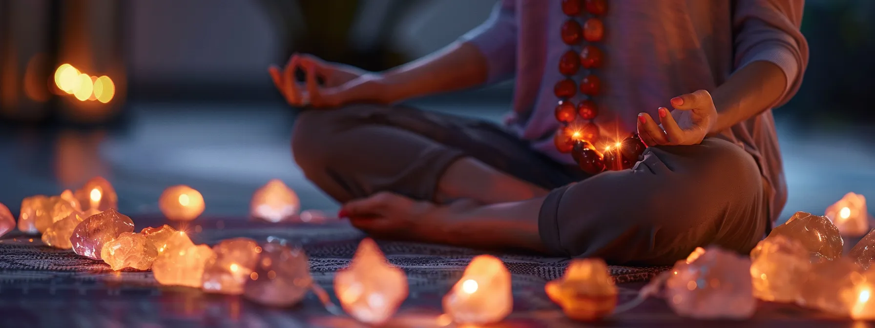 a serene individual meditating with a ten mukhi rudraksha pendant, surrounded by calming quartz crystals, enhancing mental healing and wisdom.