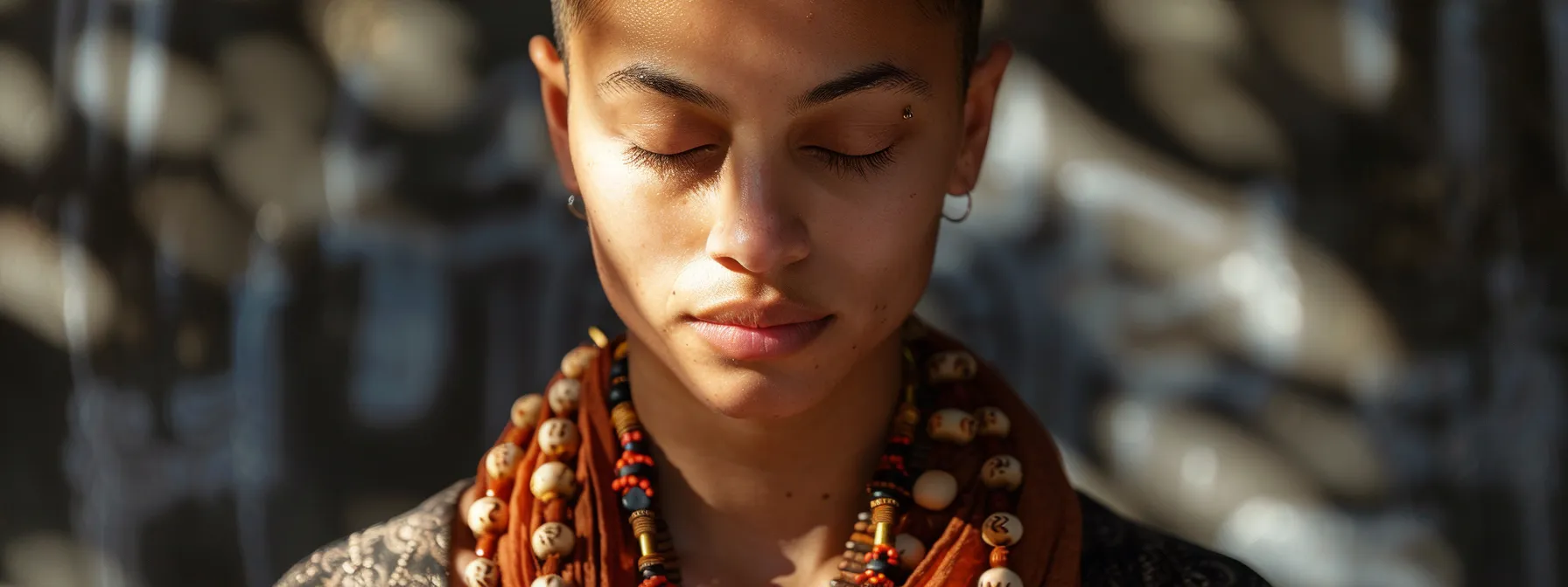 a serene individual meditating with a peaceful expression, wearing the fifteen mukhi rudraksha bead around their neck.