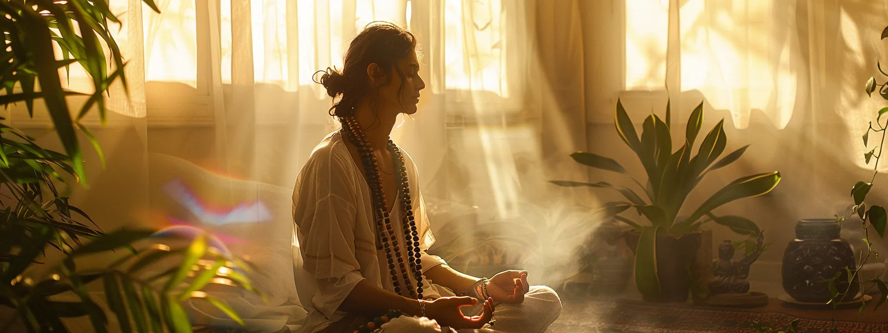 a serene individual meditating with a five mukhi rudraksha necklace, surrounded by a tranquil aura of inner peace and spiritual awareness.