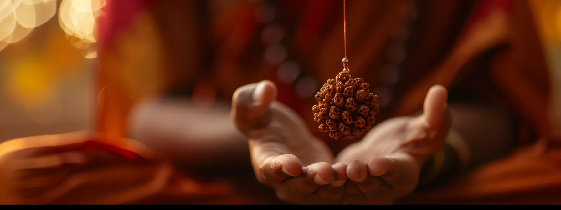 a serene individual meditating with a twenty mukhi rudraksha bead suspended in front of them.