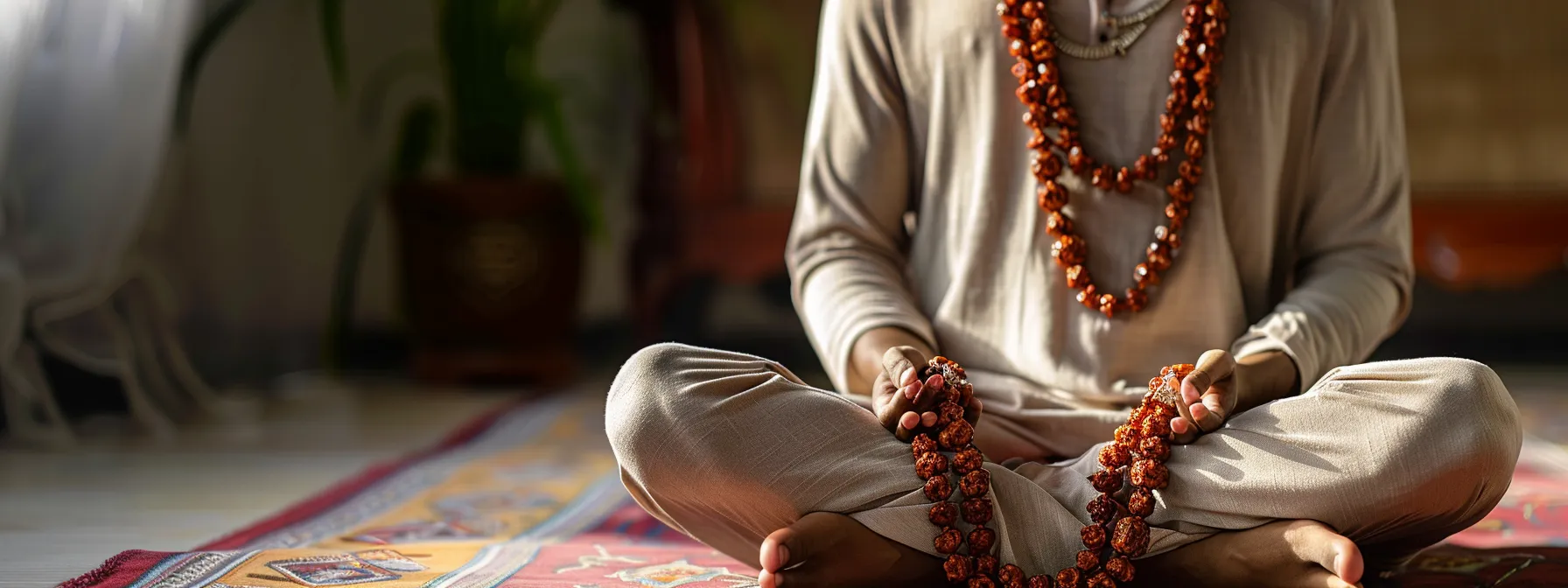 a serene individual meditating with a nine mukhi rudraksha necklace, radiating inner strength and confidence.