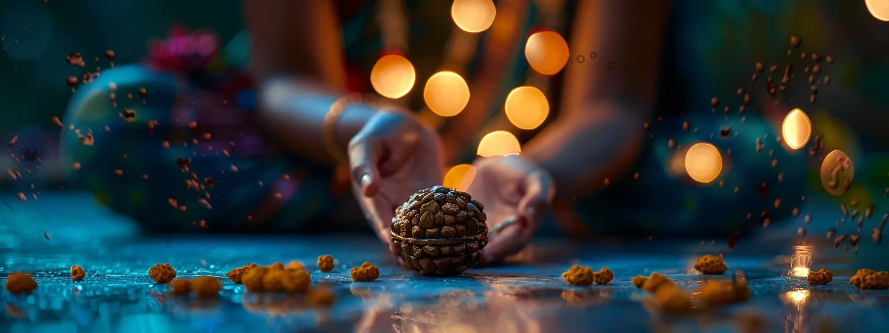 a serene individual meditating with a four mukhi rudraksha bead, surrounded by positive energy and spiritual symbols.