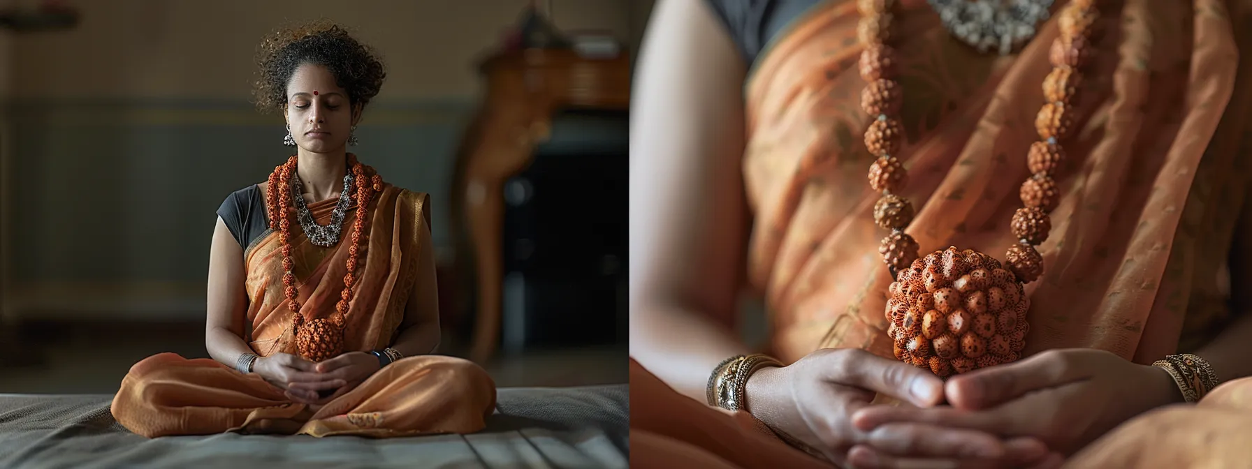 a serene individual meditating with a gleaming fifteen mukhi rudraksha bead around their neck, radiating a sense of calm and spiritual connection.