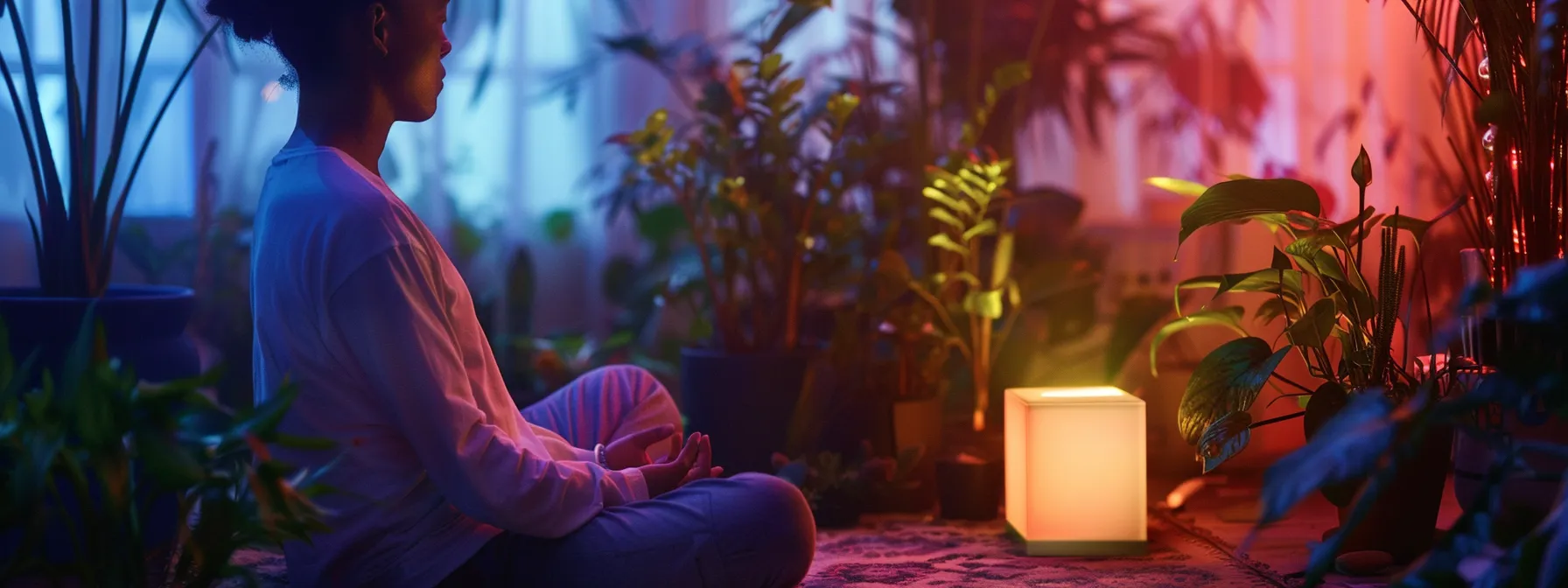 a serene individual meditating with a heartmath biofeedback device, surrounded by calming colors and nature elements.