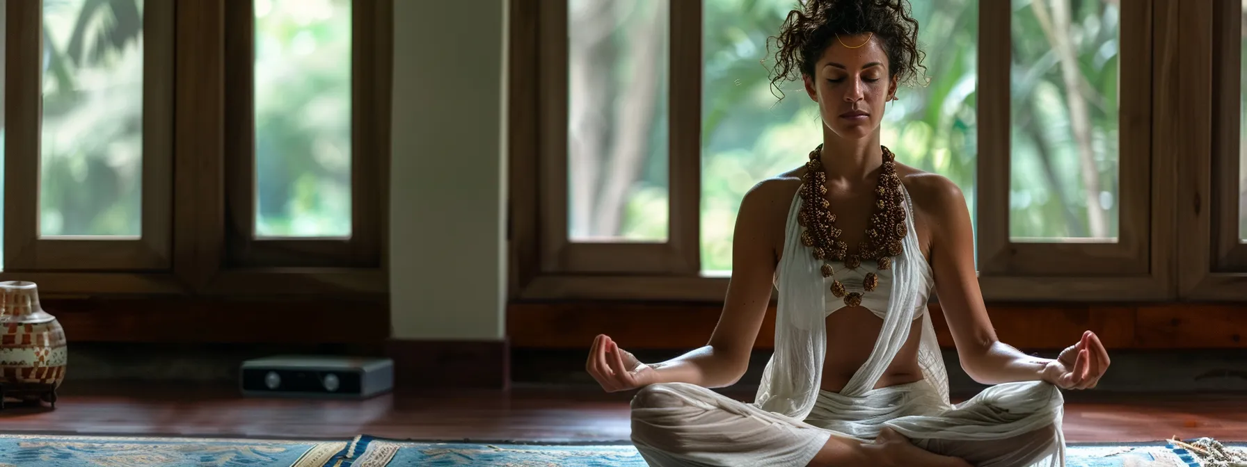 a serene individual meditating with a four mukhi rudraksha necklace, surrounded by a peaceful aura of spiritual growth and inner peace.