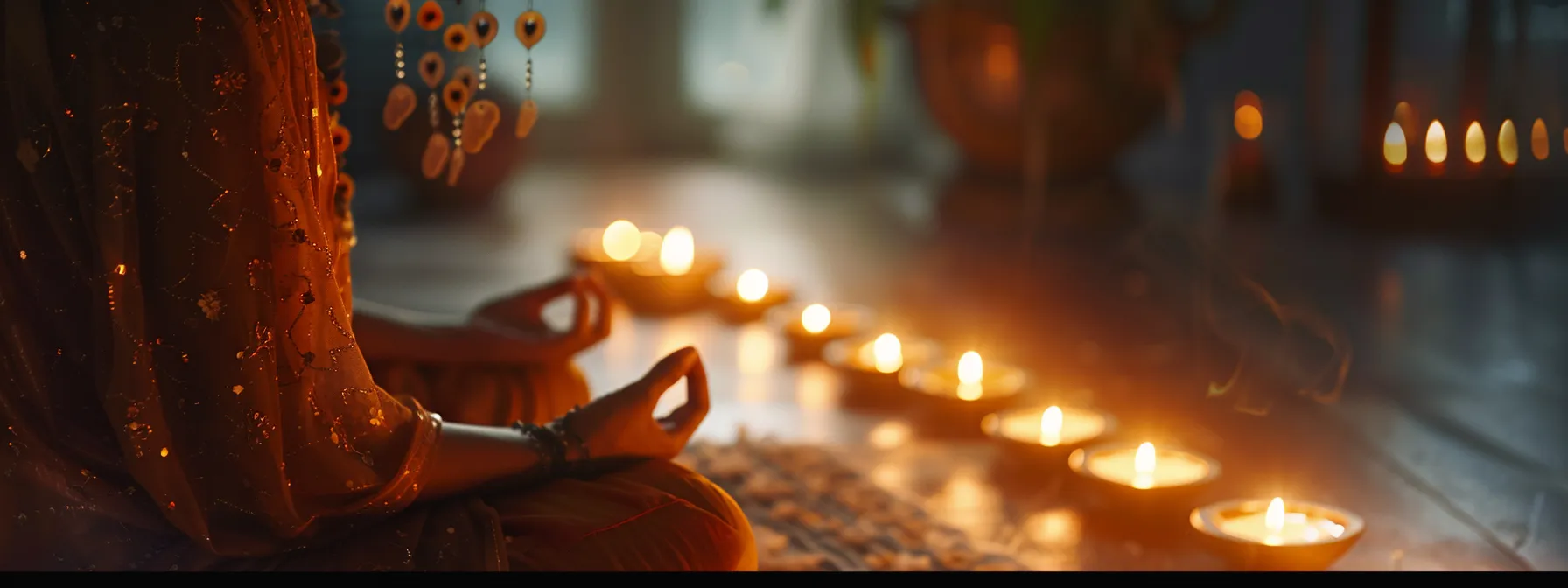 a serene individual meditating with a one mukhi rudraksha bead around their neck, surrounded by candles for a peaceful ambiance.