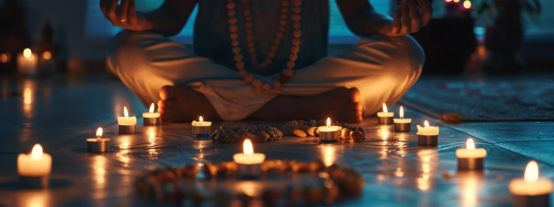 a serene individual meditating with focused intention, surrounded by glowing candles and sacred beads in preparation for the rudraksha activation ceremony.