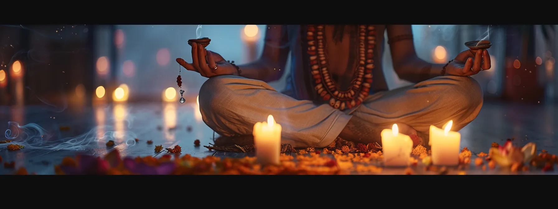 a serene individual meditating with the eight mukhi rudraksha bead around their neck, surrounded by candles and incense, fostering a deep spiritual connection.