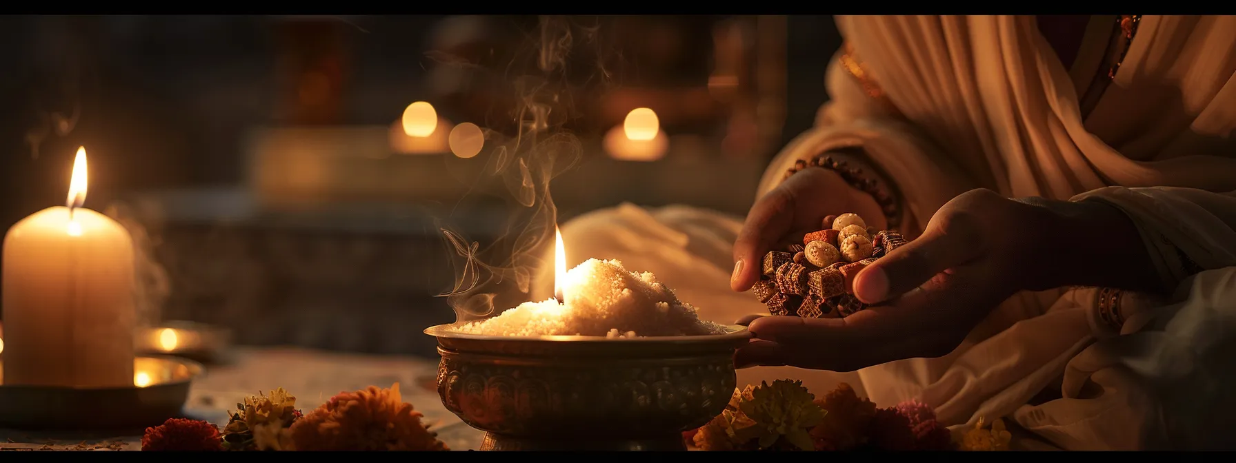 a serene individual performing a purification ritual with a twelve mukhi rudraksha bead under a softly lit lamp.