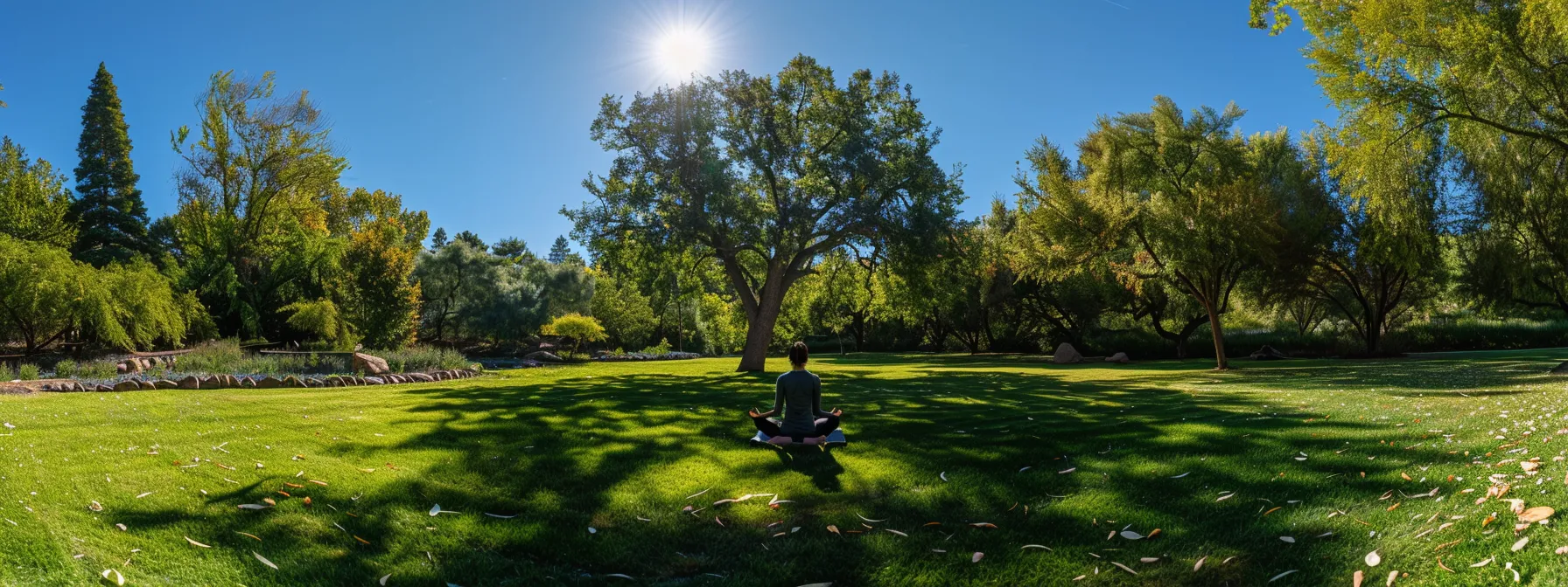 a serene individual practicing heart-focused breathing amidst a tranquil nature setting, surrounded by vibrant greenery and a clear blue sky.