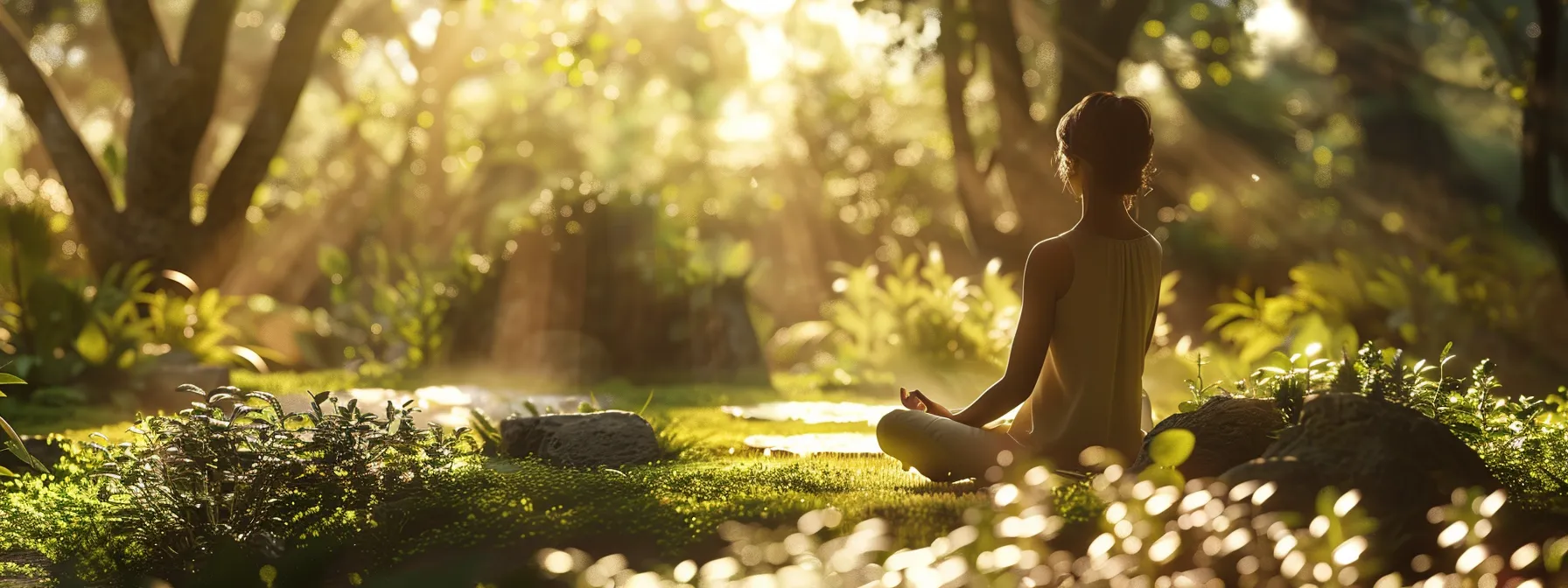 a serene individual practicing heartmath techniques in a peaceful natural setting, surrounded by calming greenery and gentle sunlight.