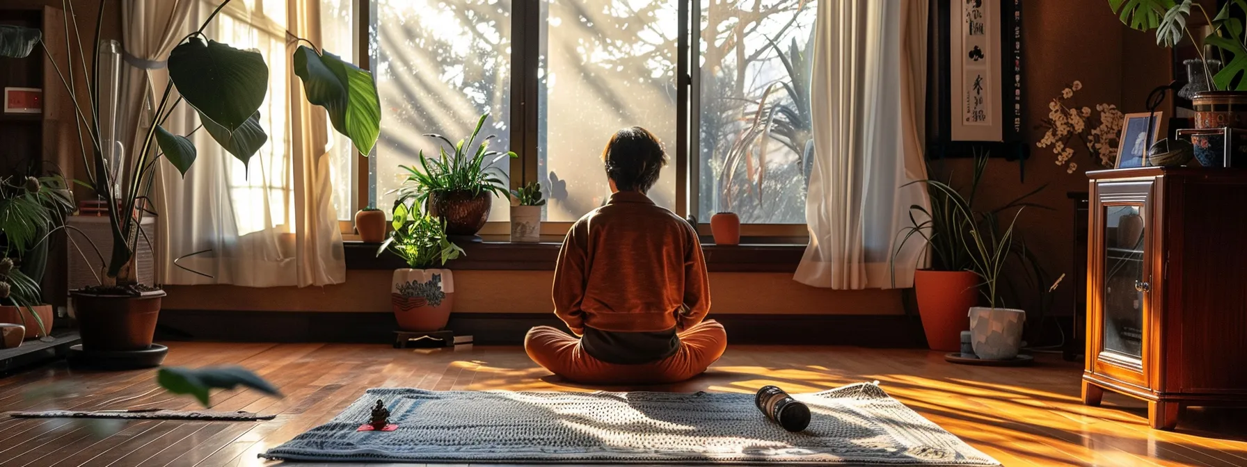 a serene individual practicing heartmath techniques in a peaceful home setting, surrounded by supportive loved ones.