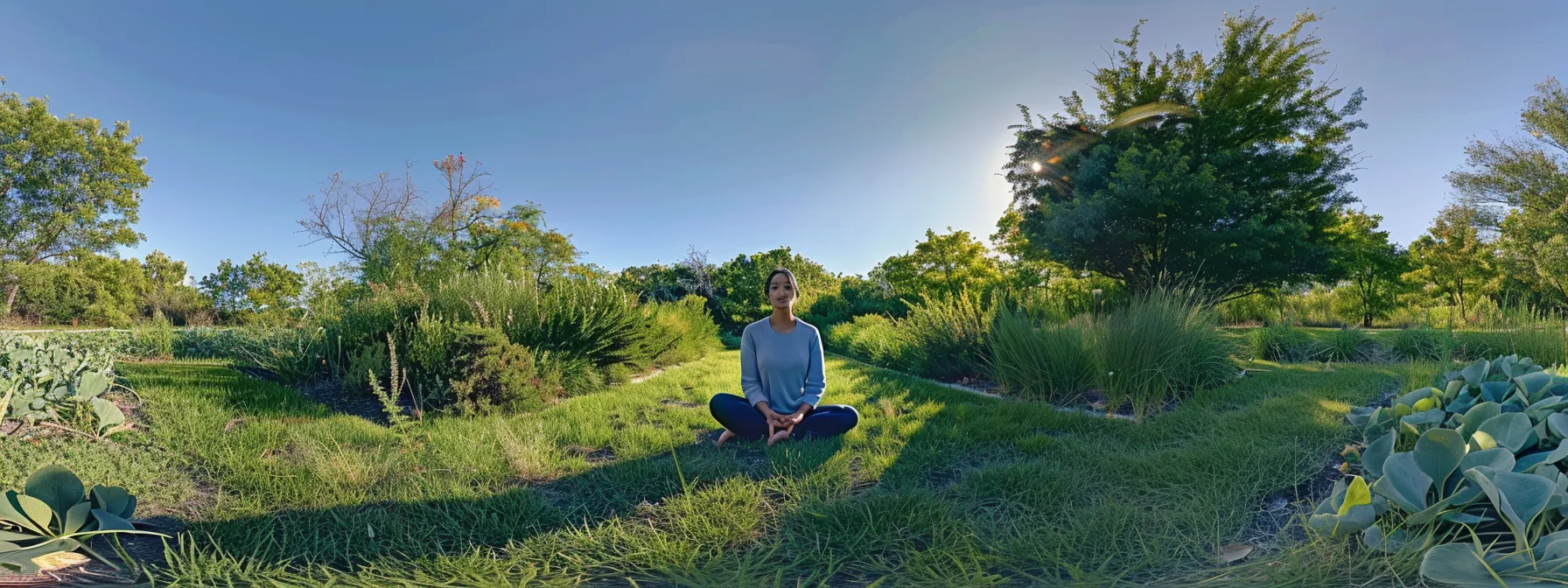 a serene individual practicing heartmath techniques in a peaceful natural setting, surrounded by vibrant greenery and a clear blue sky overhead.