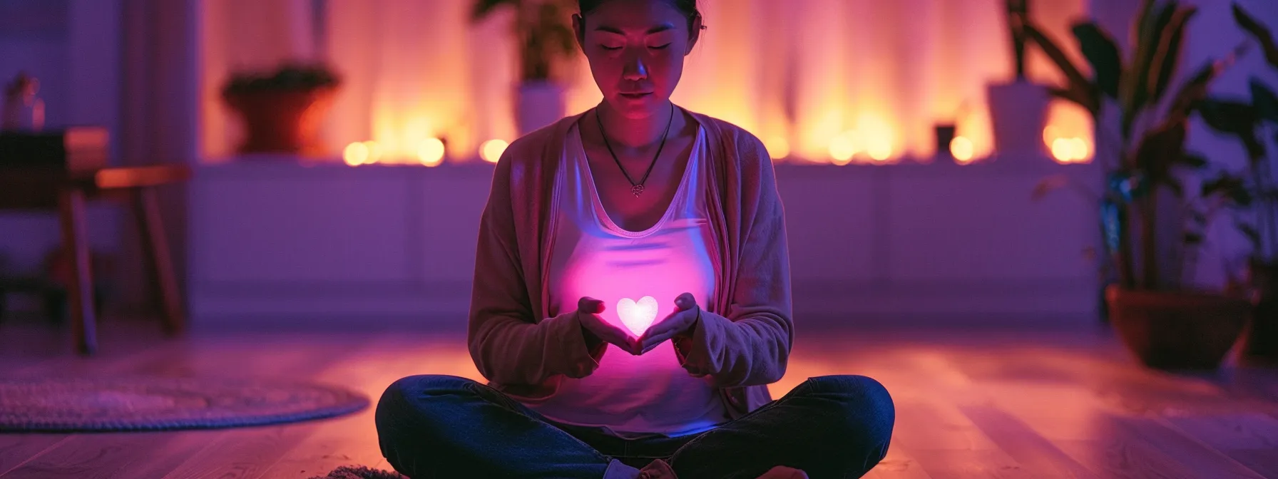 a serene individual practicing heartmath techniques, surrounded by a comforting, ethereal glow emanating from the heart area.