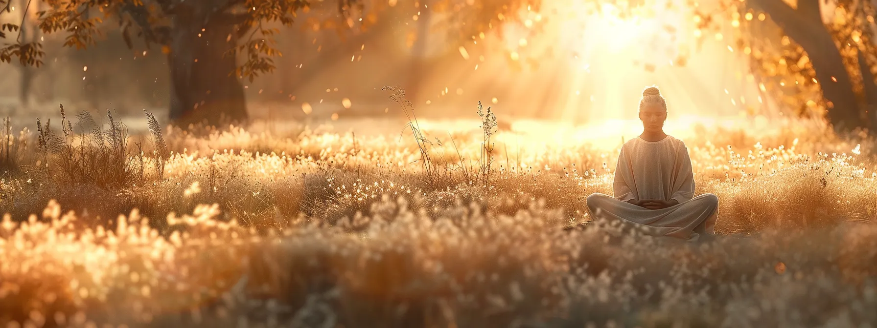 a serene individual practicing heartmath techniques in a quiet meadow, surrounded by a soft, golden light, radiating peace and tranquility.