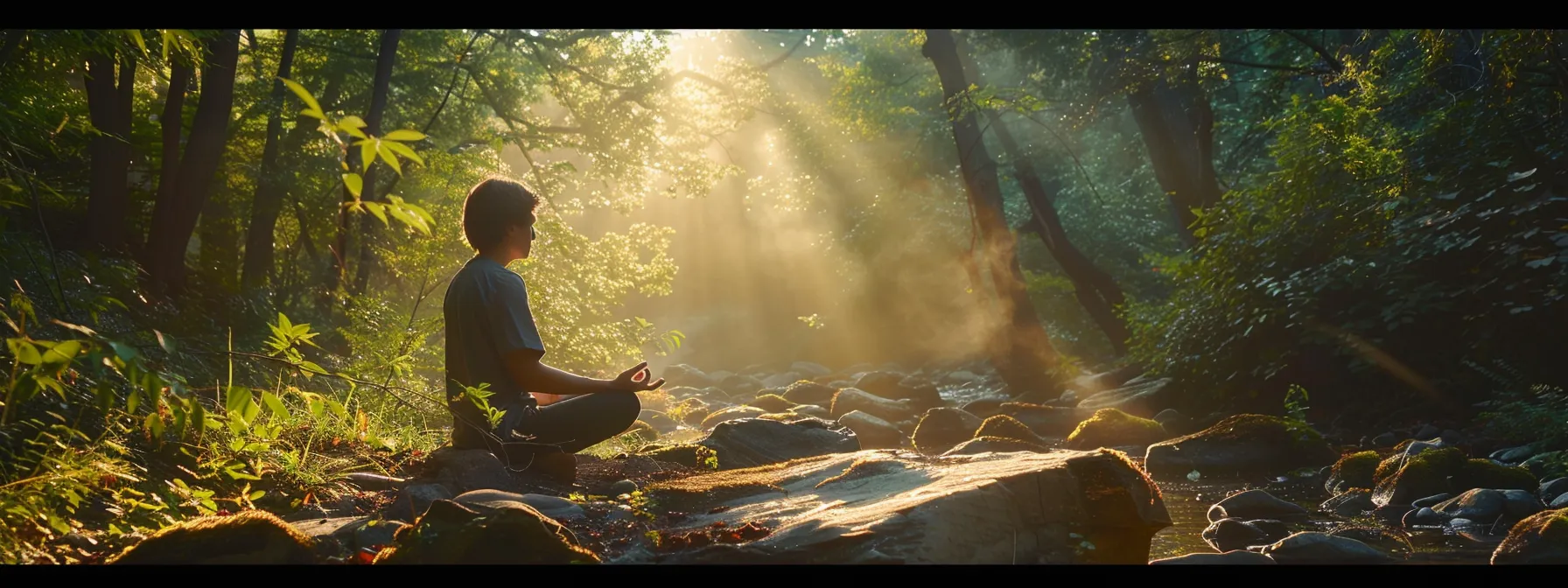 a serene individual practicing heartmath techniques in a peaceful natural setting, radiating calmness and inner strength.