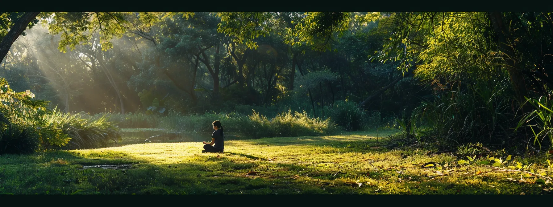 a serene individual practicing the quick coherence technique in a peaceful natural setting, surrounded by calming greenery and sunlight.