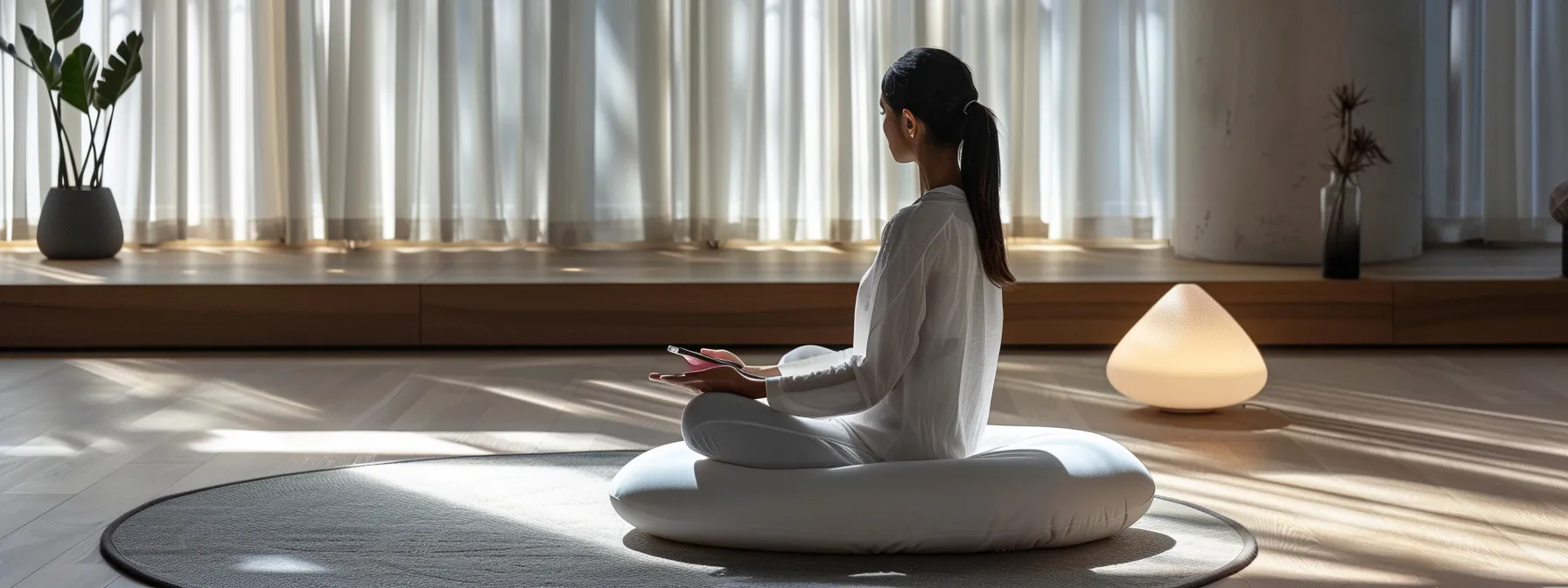 a serene individual sits in a peaceful room surrounded by heartmath tools, including the inner balance trainer and emwave technology, creating a personalized routine for ongoing stress management.