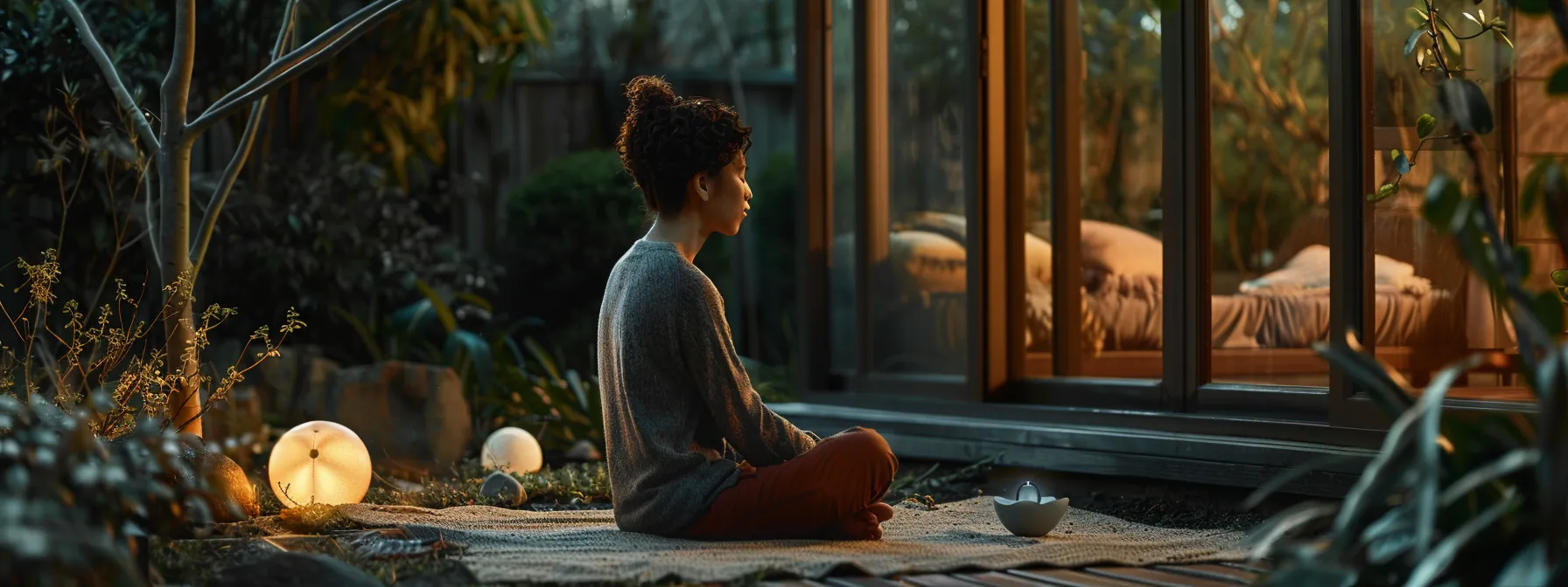 a serene individual sits in a peaceful setting, surrounded by nature, using a heartmath device to track their progress and enhance emotional wellbeing.