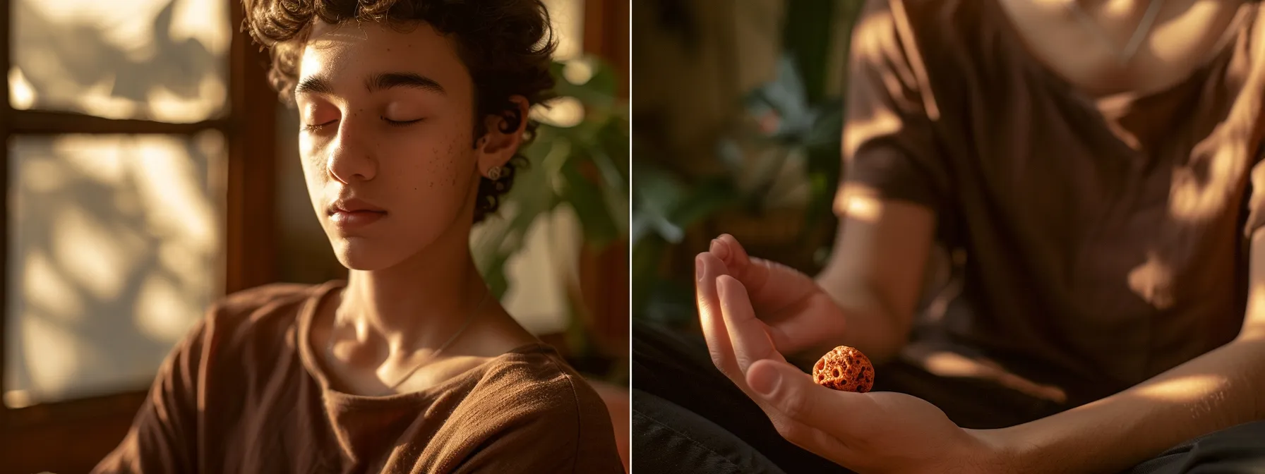 a serene individual sitting cross-legged, eyes closed, meditating with a radiant one mukhi rudraksha bead held in their palm.