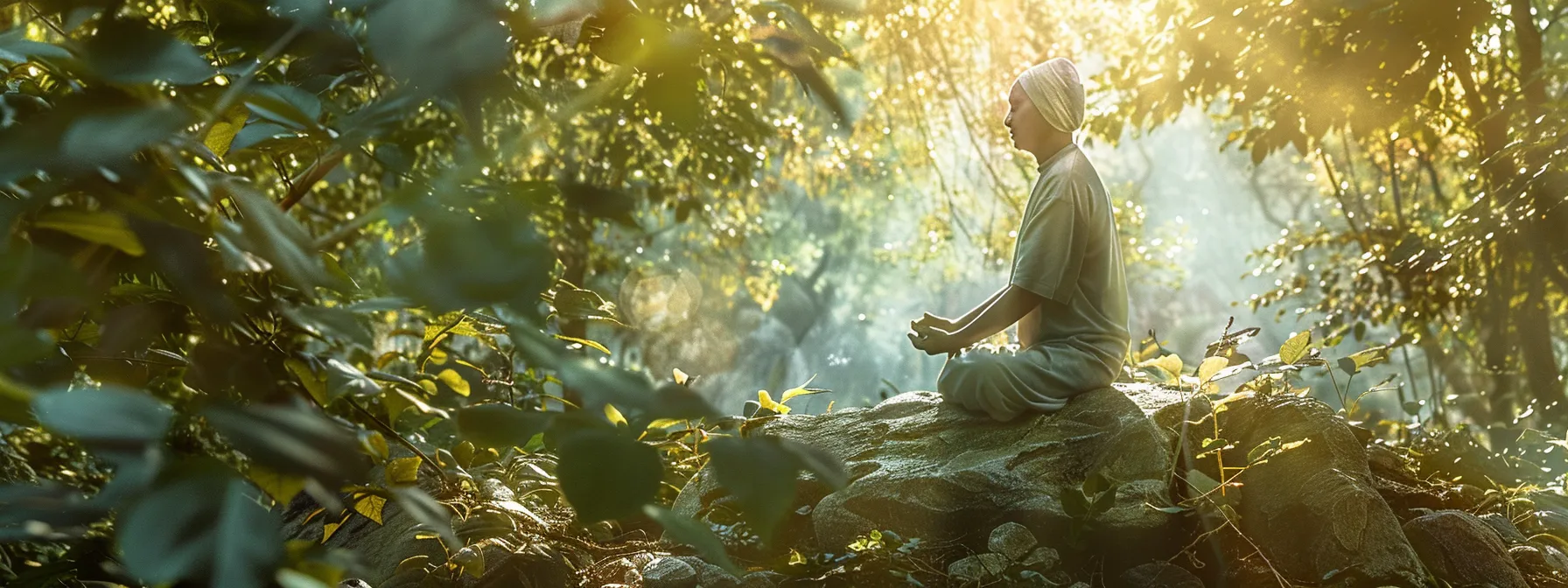 a serene individual surrounded by nature, practicing heartmath techniques with a peaceful expression, embodying emotional self-regulation and mindfulness.