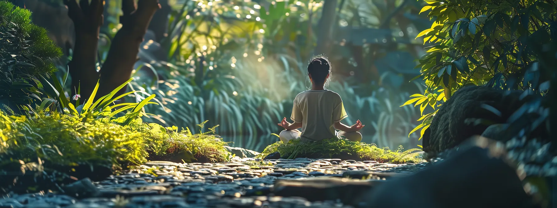 a serene individual surrounded by nature, practicing heartmath techniques in a peaceful, tranquil setting.