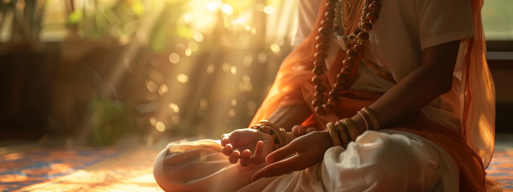 a serene individual wearing a ganesha rudraksha bead, surrounded by a glowing aura of peace and wisdom.