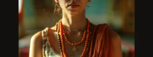 a serene individual wearing a gleaming nineteen mukhi rudraksha necklace, radiating a sense of peace and spirituality.