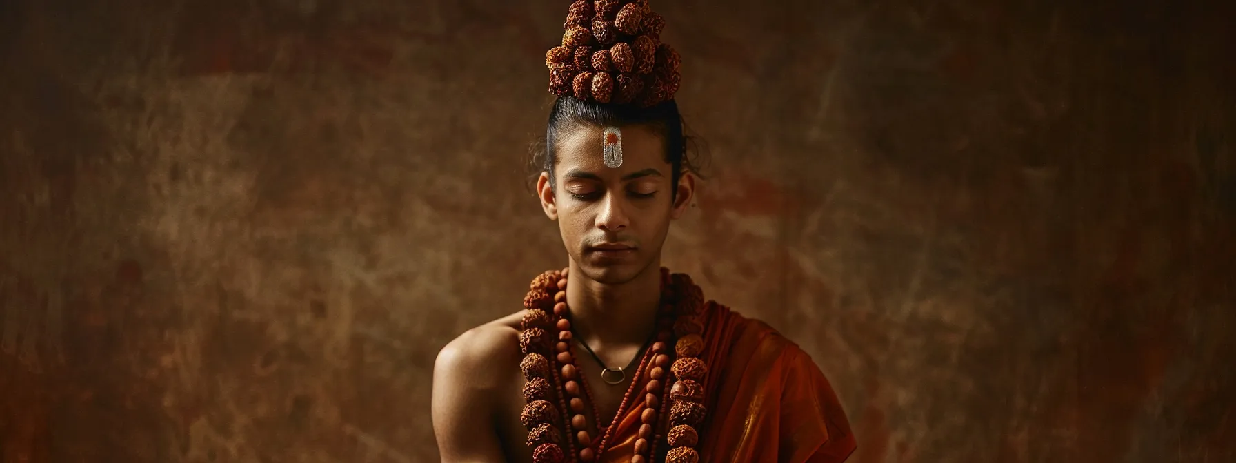 a serene individual wearing a sixteen mukhi rudraksha bead, radiating a strong aura of vitality and inner peace.