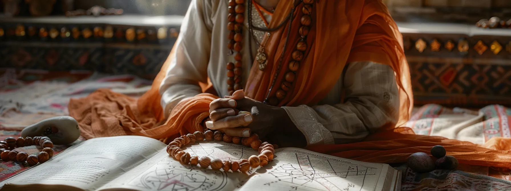 a serene individual wearing a ten mukhi rudraksha necklace, surrounded by astrological symbols and spiritual guidance books.