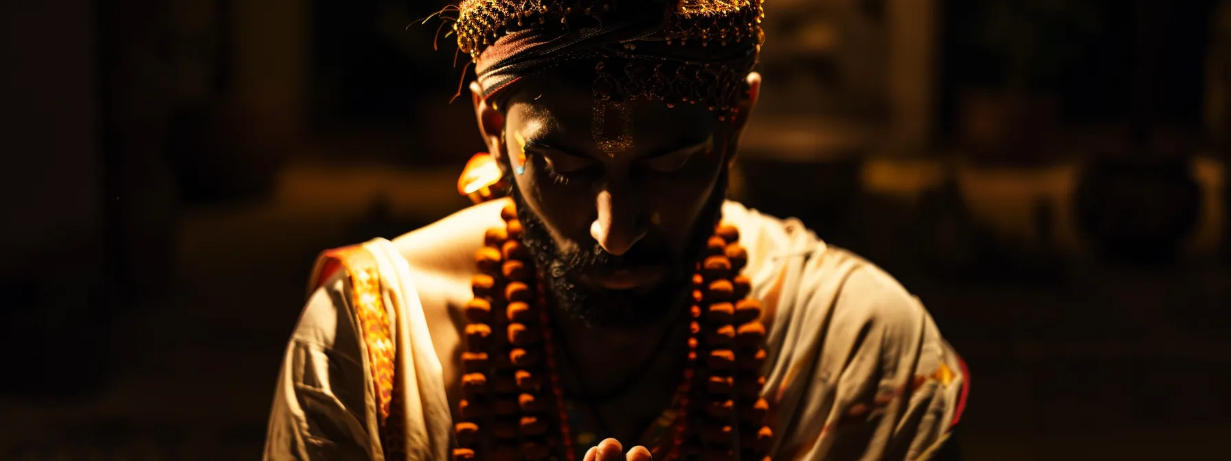 a serene individual wearing a three mukhi rudraksha radiating inner peace and spiritual enlightenment.